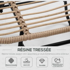 Cadeira de jardim com apoio para os pés em metal com revestimento epóxi e resina trançada com aspeto de vime, com almofadas macias - natural
