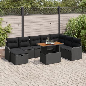 Conjunto de Sofá de Jardim de 9 Peças com Almofadas Preto Rattan Polim