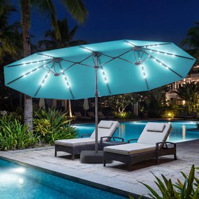 Guarda-sol duplo 460 x 285 cm com 48 luzes LED, 3 aberturas de ventilação, 12 varas, base e manivela para jardim, terraço e piscina – Turquesa