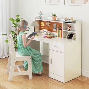 Conjunto de secretaria e cadeira infantil com estante, gaveta, armário, quadro de cortiça e banco com encosto inclinado 109,5 x 48 x 100,5 cm Branco
