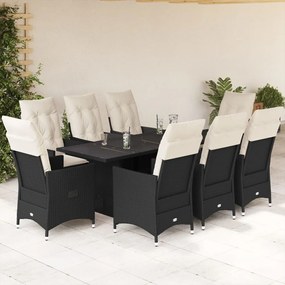 9 pcs conjunto de jantar p/ jardim c/ almofadões vime PE preto