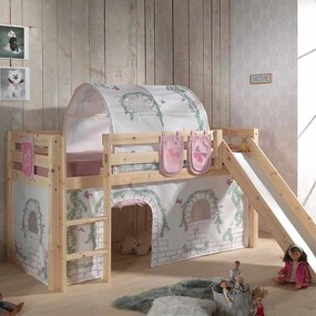 Conjunto Cama alta de Criança PINO 90 x 200 cm + estrado + escada + escorrega + cortina + túnel + bolsas de arrumação Pássaros Natural