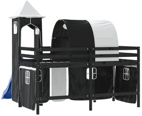 Cama alta criança c/ torre 80x200 cm pinho maciço branco/preto