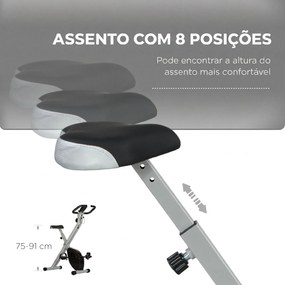 Bicicleta Estática Dobrável Silenciosa com 8 Níveis de Resistência Monitor LCD Assento Ajustável e Rodas Cinza