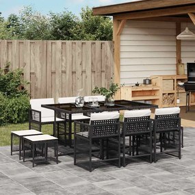 11 pcs conjunto de jantar p/ jardim c/ almofadões vime PE preto