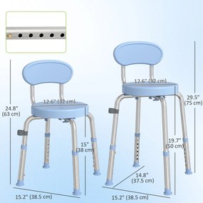 Banco de Duche Giratório, 38,5 x 37,5 x 75 cm, Altura Regulável em 5 Níveis, Azul