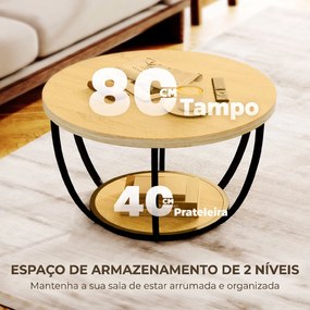 Mesa de Centro Redonda para Sala com Prateleira e Estrutura Metálica 80x80x43,8 cm Carvalho