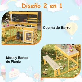 Cozinha de brincar com mesa de piquenique para crianças de madeira de abeto com banco Quadro negro Acessórios Utensílios Amarelo