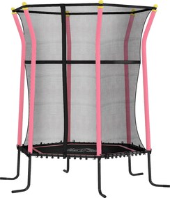 Cama elástica para crianças Ø 1,63 x 1,9 m com rede de segurança, porta com fecho de correr e 6 postes almofadados incluídos, rosa e preto