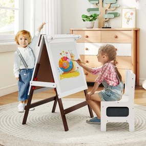 Cavalete infantil reversível 55 x 48 x 75-94 cm com cadeira ajustável com quadro negro e Quadro branco e Porta-papel Castanho