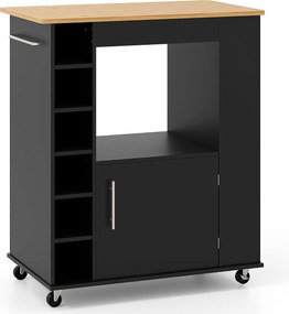 Carrinho de cozinha com rodas, toalheiro e tampo de bambu para sala de jantar e bar Estante para 6 garrafas de vinho 76 x 44 x 89 cm Preto