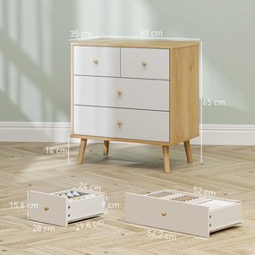 Comoda de 4 Gavetas com Puxadores de Madeira Cómoda Estreita para Sala Corredor 60x35x65 cm Madeira e Branco