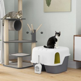 Caixa de areia para gatos 50 x 50 x 39 cm, casa de higiene para gatos, com tampa superior que se fecha e abre, creme, cinzento