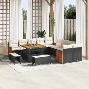 Conjunto de Sofa de Jardim 13 Peças com Almofadas Preto Rattan Poliéster Acácia