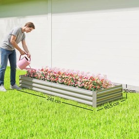 Floreira Exterior Grande Retangular em Aço Galvanizado 241x90,5x30 cm para Terraço com Fundo Aberto Prata