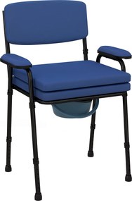 Cadeira sanitária multifunções com balde removível, altura ajustável, encosto, assento e braços almofadados, azul