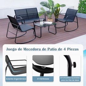 Conjunto de cadeiras de baloiço de jardim de 4 peças, com 2 cadeiras de baloiço Sofá de 2 lugares e mesa com tampo de vidro Preto