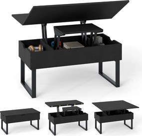 Mesa de centro conversível 3 em 1 com tampo elevável 100 x 50 x 49 cm e 3 compartimentos ocultos de madeira para sala de estar Preta