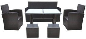6 pcs conjunto jantar exterior com almofadões vime PE castanho