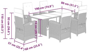 7 pcs conjunto de jantar p/ jardim c/ almofadões vime PE cinza