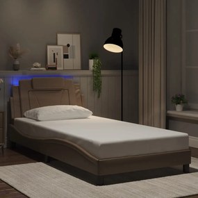 Estrutura cama c/ luzes LED 100x200 cm couro artif. cappuccino