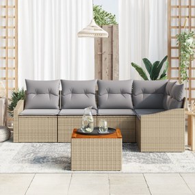 Conjunto de Sofá de Jardim de 6 Peças com Almofadas Bege Rattan Acácia