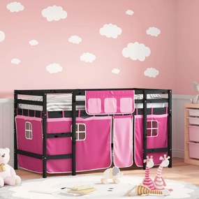 vidaXL Cama alta p/ criança c/ cortinas 90x200 cm pinho maciço rosa