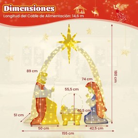 Presépio Iluminado 180 cm Decoração de Pátio da Sagrada Família Pré-iluminado com 240 Luzes LED Branco Quente Multicolorido