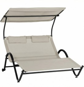 Espreguiçadeira de praia com toldo, almofada e rodas em aço e poliéster creme