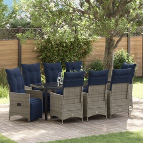 Conjunto de Jantar de Jardim vidaXL 9 Peças com Almofadas Rattan Poliéster Cinza