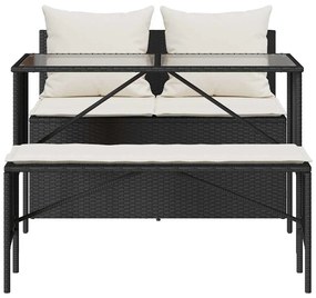 3 pcs conjunto de jantar p/ jardim c/ almofadões vime PE preto