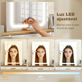 Toucador com Luzes LED de 3 Cores Espelho 10 Gavetas de Tecido e Pés em Aço 118,5x39,5x140 cm cor madeira, cinzento e dourado