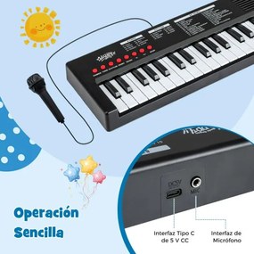 Teclado de piano para crianças elétrico portátil de 37 teclas com 8 ritmos, 8 tons e 22 demos Instrumento musical eletrónico Preto