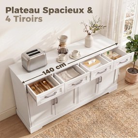 Móvel de Cozinha Shaker, 140 x 38 x 80 cm, 4 Gavetas e 4 Portas, Branco