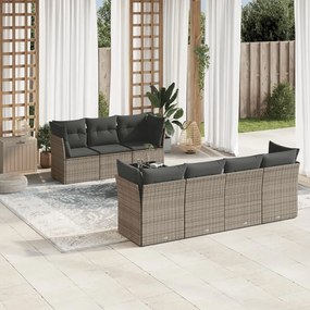 8 pcs conjunto sofás de jardim c/ almofadões vime PE cinzento