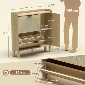 Sapateira Estreita Boho com Espelho 2 Portas em Rattan Armário 10 Pares Prateleiras Ajustáveis 94,5x24x96,5 cm Cor Carvalho