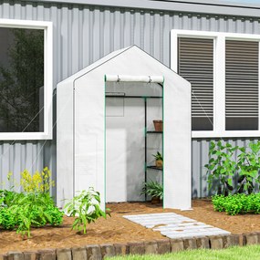 Estufa de jardim 140 x 73 x 190 cm com 1 porta, 2 janelas e 2 prateleiras em forma de U para legumes, plantas e flores; cobertura em PE