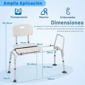 Banco de transferência para banheira ajustável em altura com assento, encosto, apoios para os braços e cinto de segurança