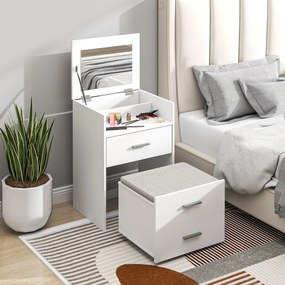 Conjunto de Toucador e Banco com Rodas, 50 x 40 x 113,5 cm, Espelho Rebatível, Branco
