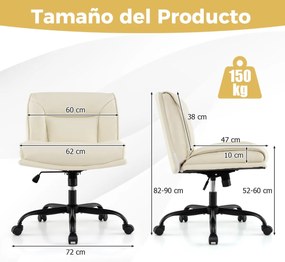 Cadeira de escritório sem braços em PU Altura ajustável Elevação a gás Giratória 360° Assento largo 72 x 72 x 82-90 cm Branca