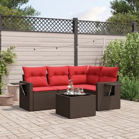 vidaXL 5 pcs conjunto sofás p/ jardim c/ almofadões vime PE castanho