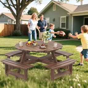 Conjunto de mesa de Jardim ou piquenique redonda com 4 bancos para 8 pessoas com orifício para guarda-sol de 5 cm Castanho