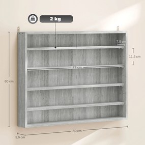Vitrine de parede para objetos de coleção com 4 prateleiras reguláveis em altura e 2 portas de correr 80 x 9,5 x 60 cm cinzenta