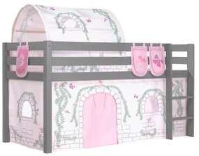 Conjunto Cama alta de Criança PINO 90 x 200 cm + estrado + escada + cortina + 3 Bolsas + Tunel Pássaro Cinzenta
