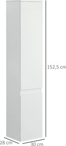 Armário de coluna para casa de banho 30 x 28 x 152,5 cm com 2 portas e 3 prateleiras ajustáveis, estilo contemporâneo, branco