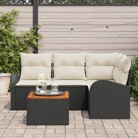 Conjunto de Sofá de Jardim de 5 Peças com Almofadas Rattan Preto Polié