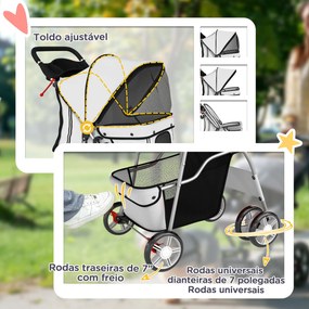 Carrinho de Passeio para Animais de Estimação Dobrável com Cesta de Armazenamento e Travão 77x44x102 cm Cinza