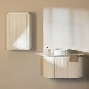 Conjunto De Móvel De Casa De Banho Suspenso 90x50 Cm Em Madeira Carsone Madeira Natural & Madeira Natural & Cerâmica Redonda Riscas - Sklum