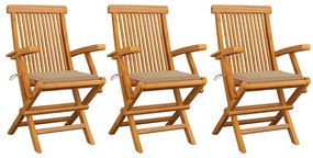 vidaXL Cadeiras de jardim c/ almofadões beges 3 pcs teca maciça