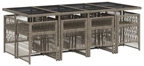 9 pcs conjunto de jantar p/ jardim c/ almofadões vime PE cinza